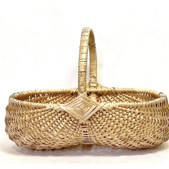 Vtg Hand Woven Blonde Split Oak Butt Egg Linen Antq Basket 19x13” Primitive USA